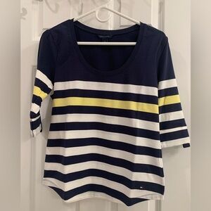 Tommy Hilfiger Navy and White 1/4 Length Sleeve Striped Tee